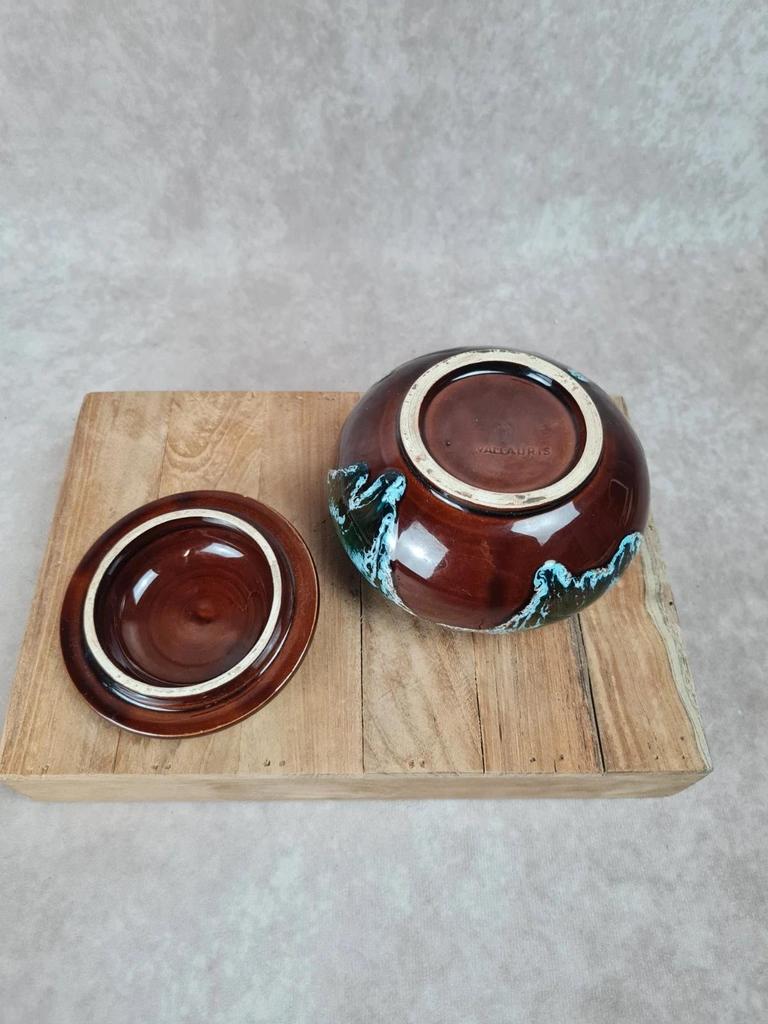 Petit pot vintage en céramique émaillée signé Vallauris avec couvercle 🏺💙