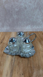 Petit set vintage salière • poivrière • moutardier + plateau en inox & verre