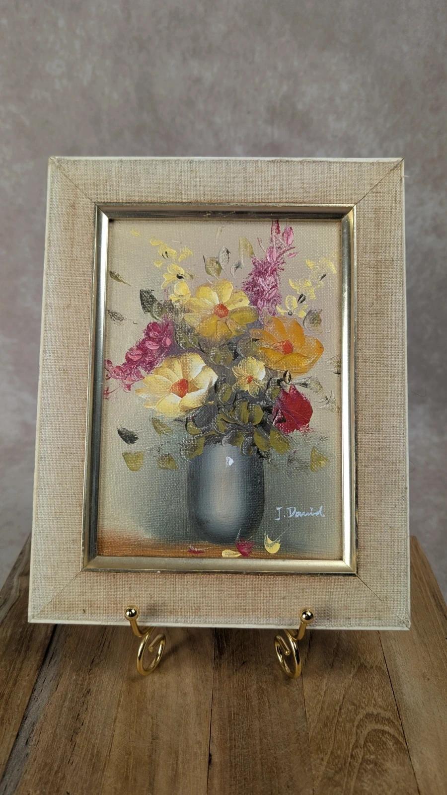 Petit tableau ancien signé J. David – bouquet de fleurs