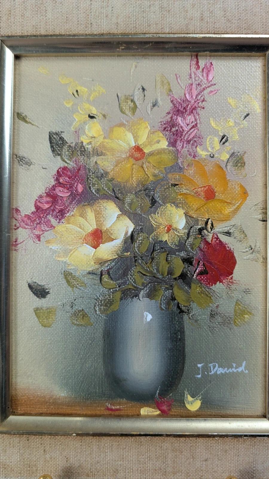 Petit tableau ancien signé J. David – bouquet de fleurs