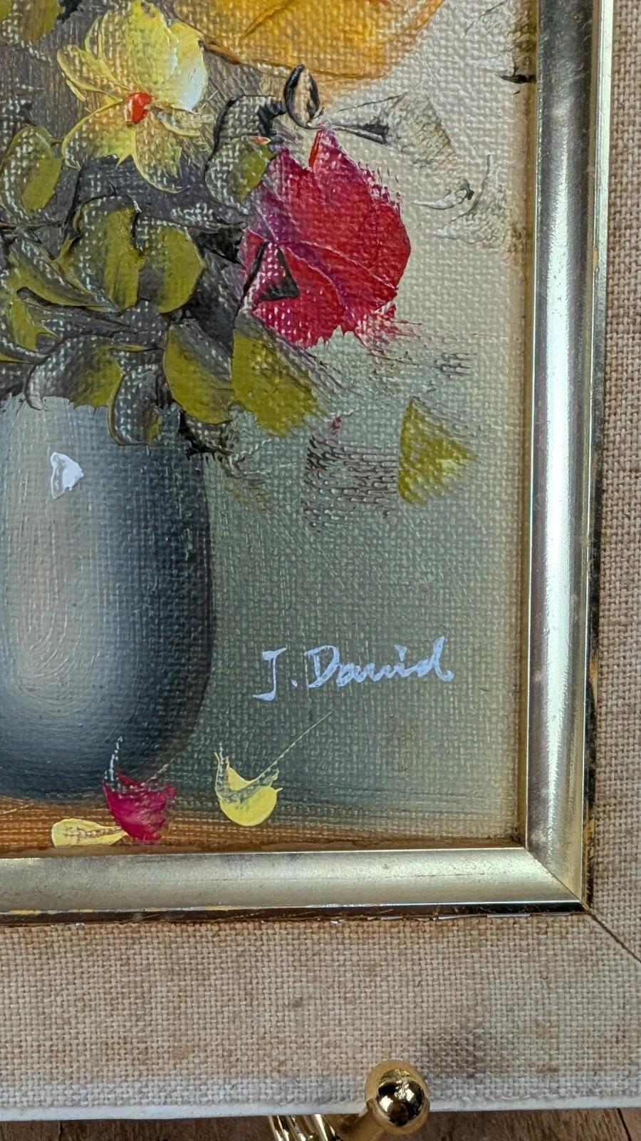 Petit tableau ancien signé J. David – bouquet de fleurs