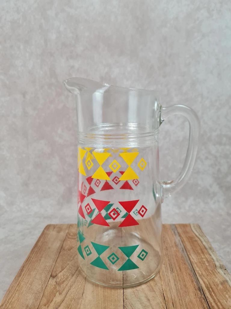 Pichet vintage en verre décor coloré géométrique