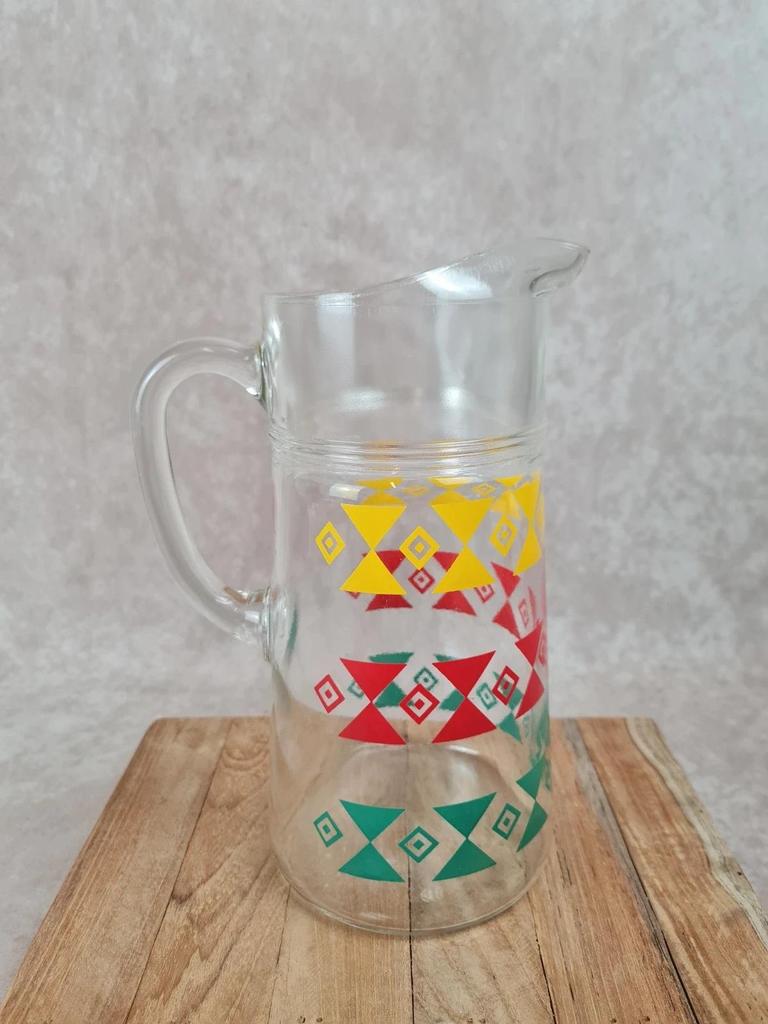 Pichet vintage en verre décor coloré géométrique