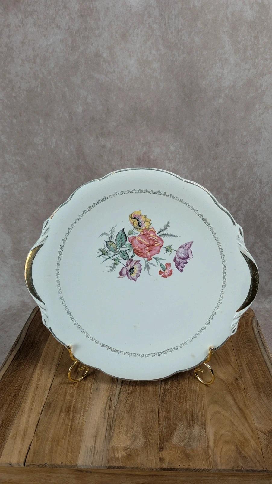 Plat à gâteau et 10 assiettes à dessert Digoin Sarreguemines – décor floral vintage