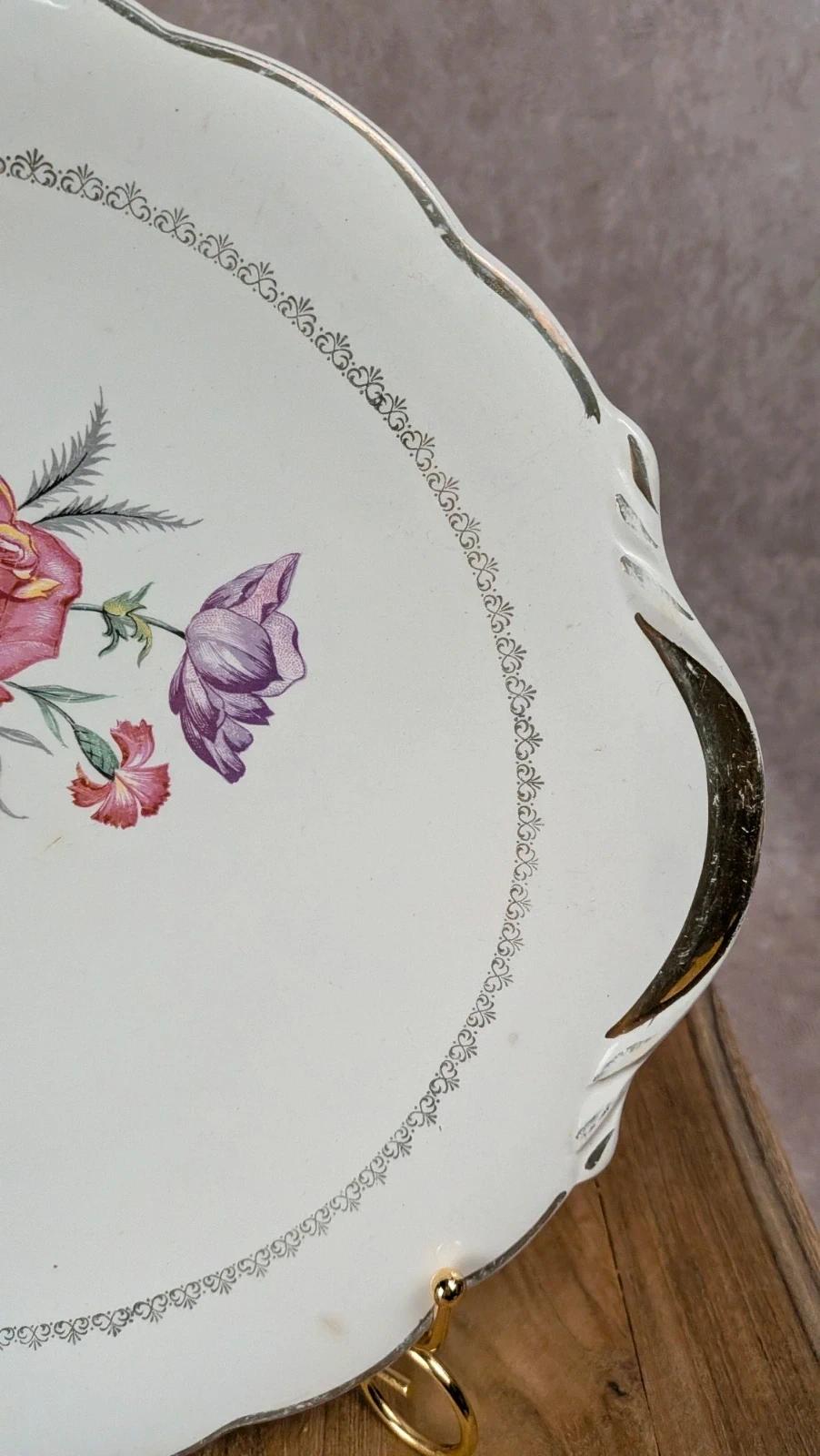 Plat à gâteau et 10 assiettes à dessert Digoin Sarreguemines – décor floral vintage