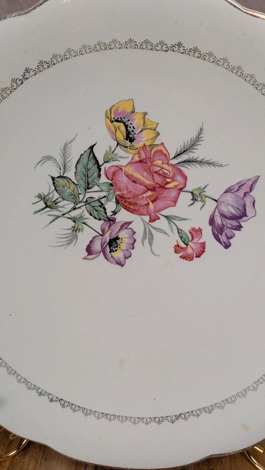 Plat à gâteau et 10 assiettes à dessert Digoin Sarreguemines – décor floral vintage