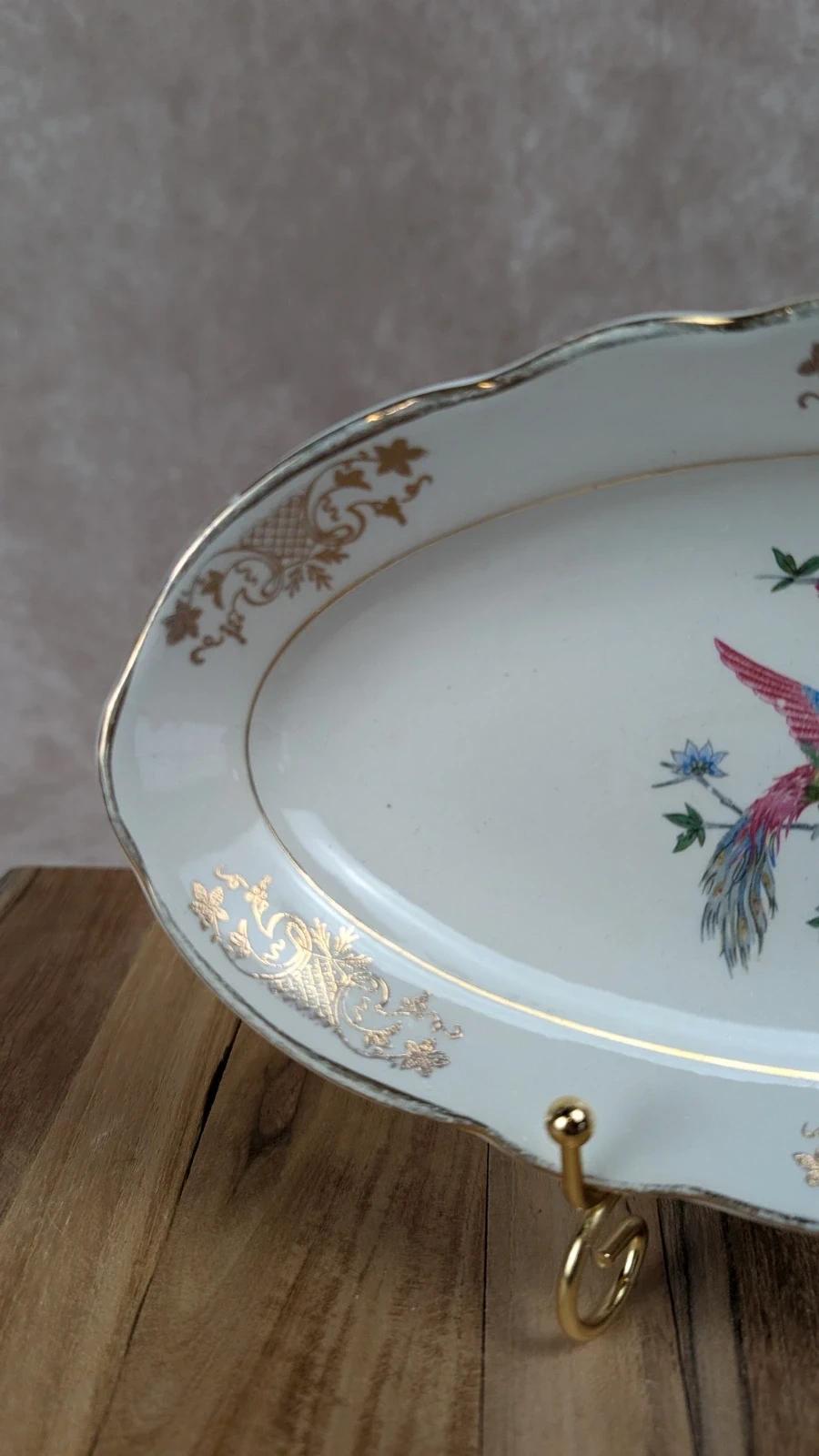 Plat ovale ancien Kg Lunéville – décor oiseau & fleurs dorées