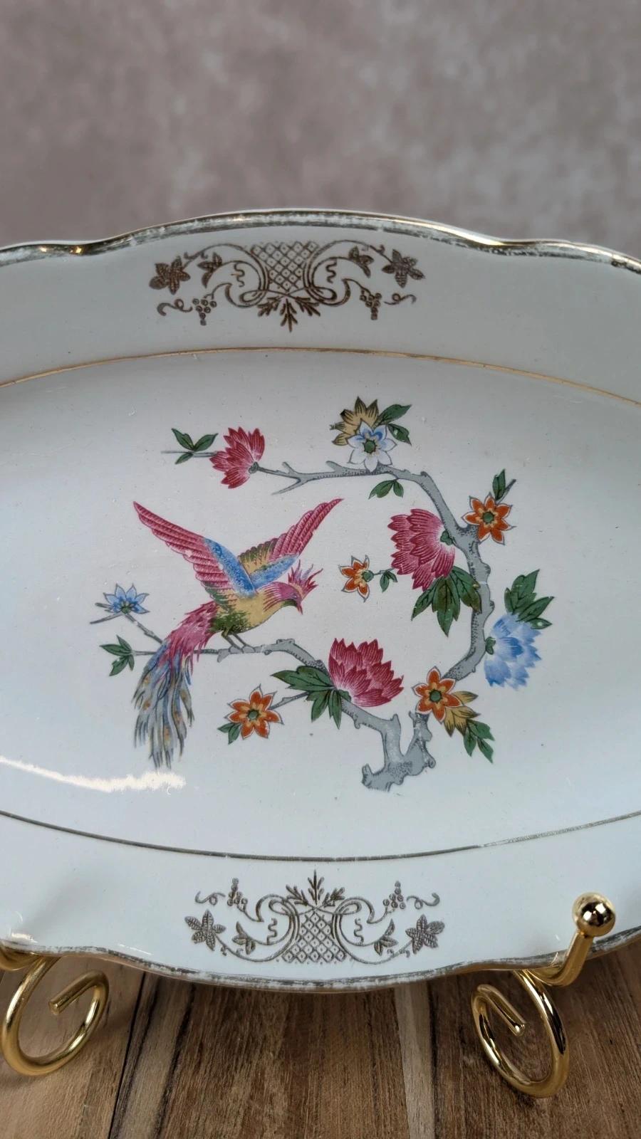 Plat ovale ancien Kg Lunéville – décor oiseau & fleurs dorées