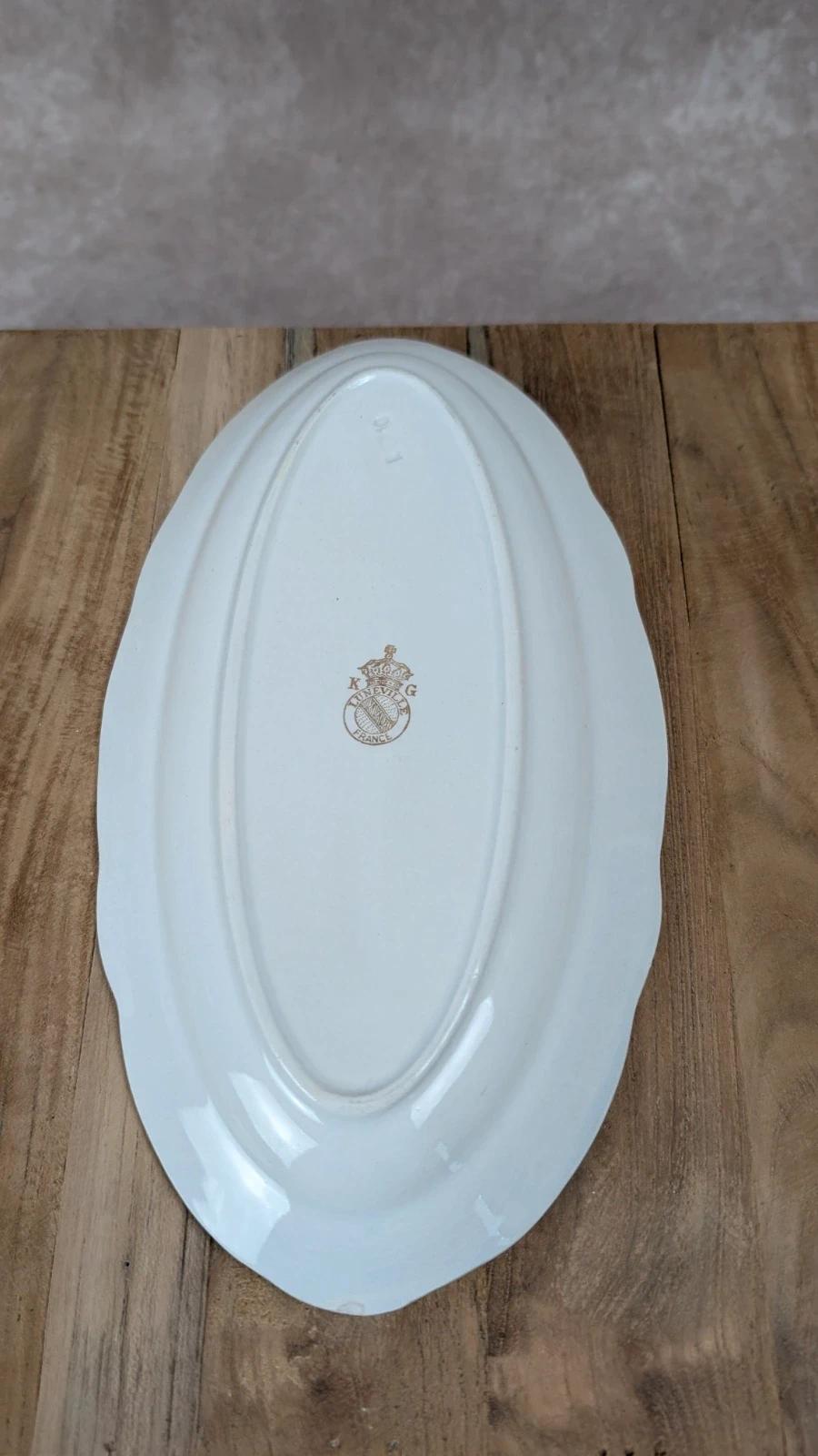 Plat ovale ancien Kg Lunéville – décor oiseau & fleurs dorées