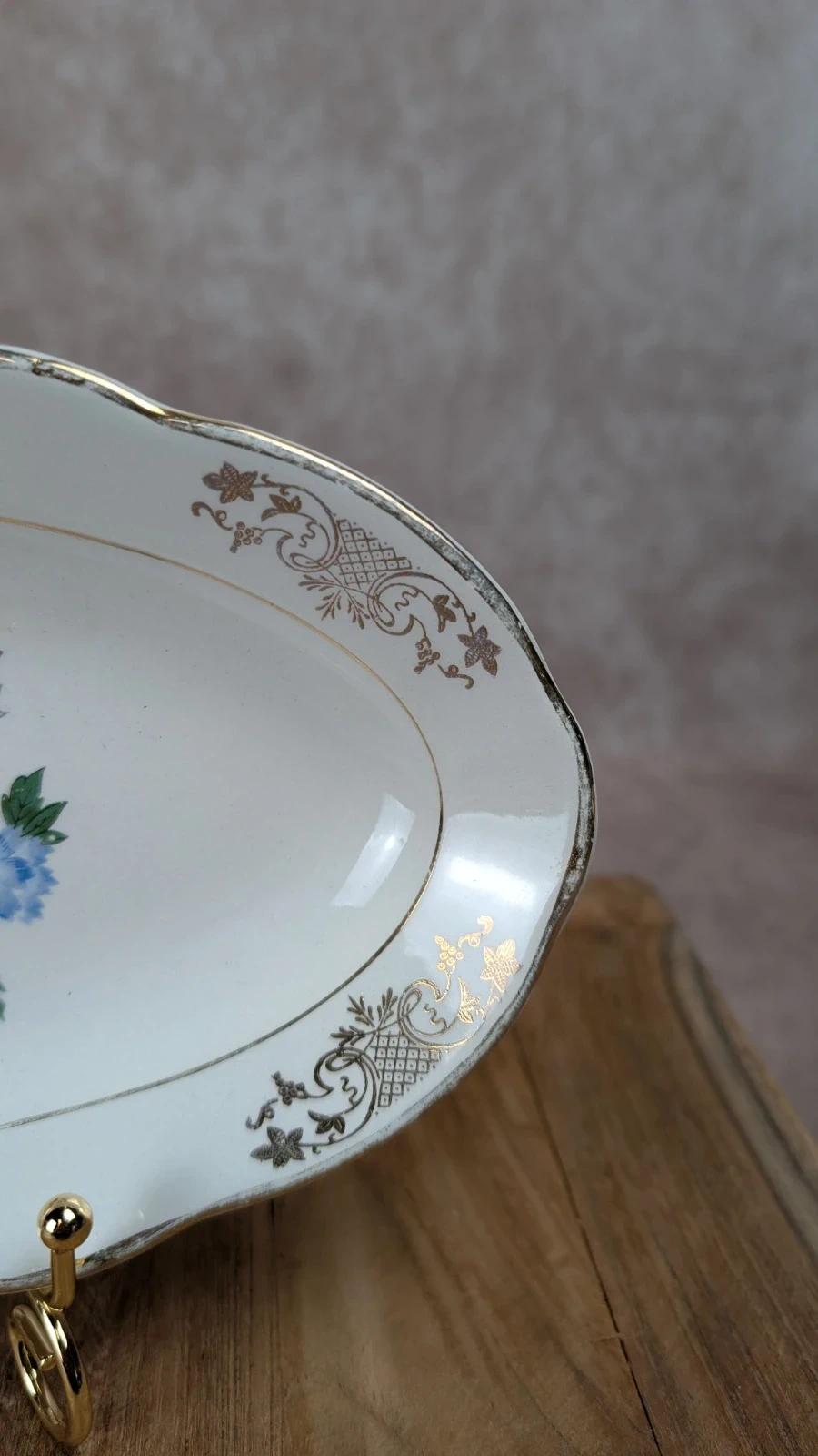 Plat ovale ancien Kg Lunéville – décor oiseau & fleurs dorées