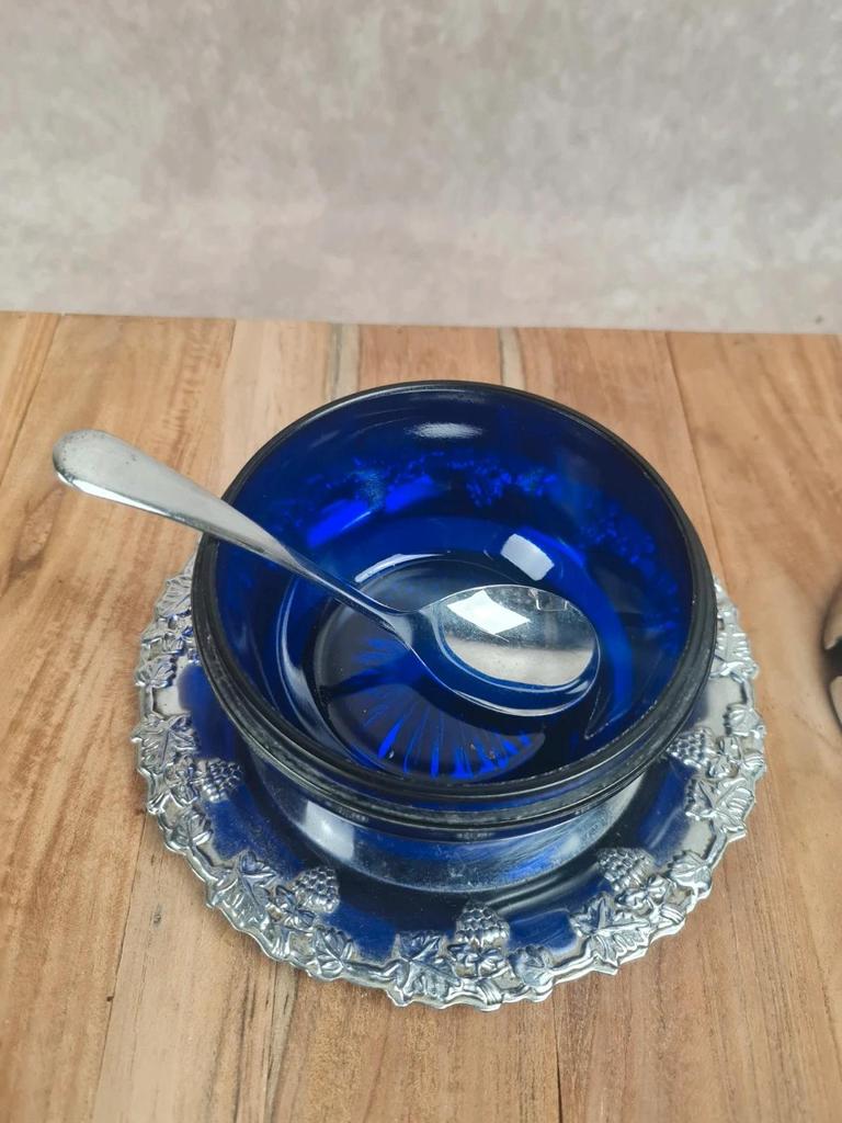 Pot à confiture vintage verre bleu cobalt & métal argenté – Angleterre