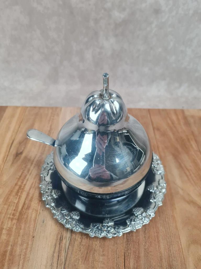 Pot à confiture vintage verre bleu cobalt & métal argenté – Angleterre