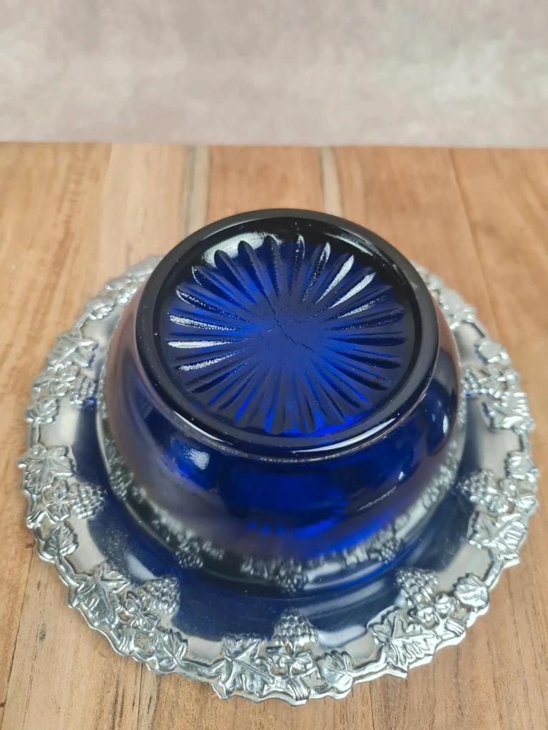 Pot à confiture vintage verre bleu cobalt & métal argenté – Angleterre