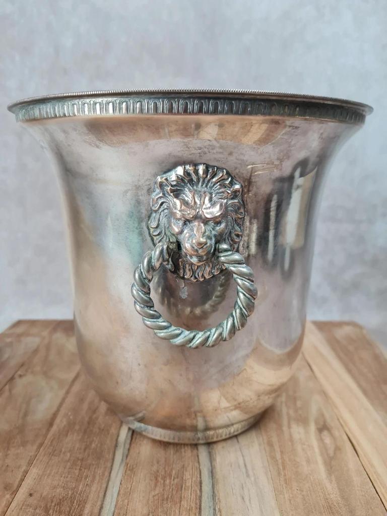 Seau à champagne ancien Produx Paris, métal argenté & cuivre – têtes de lion