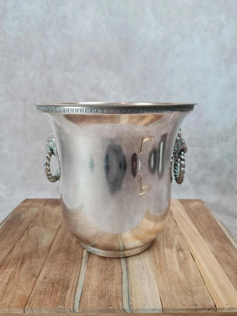 Seau à champagne ancien Produx Paris, métal argenté & cuivre – têtes de lion