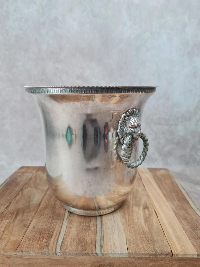 Seau à champagne ancien Produx Paris, métal argenté & cuivre – têtes de lion