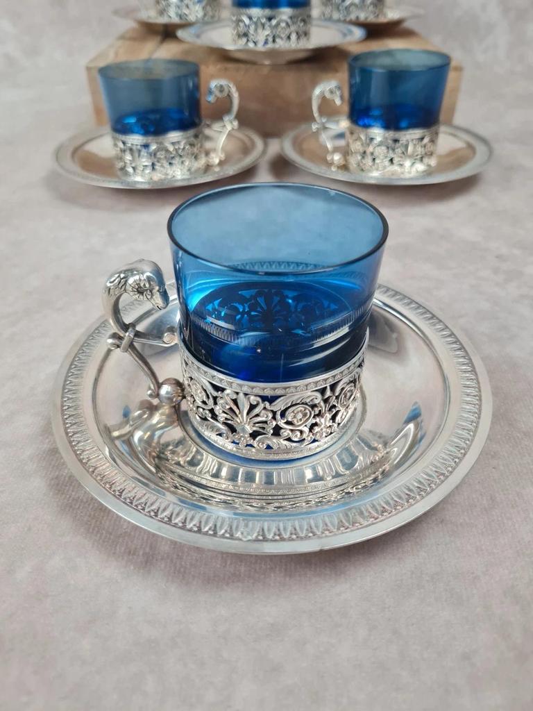 🌿 Service 6 tasses à thé verre bleu cobalt & métal argenté poinçonné 🌿