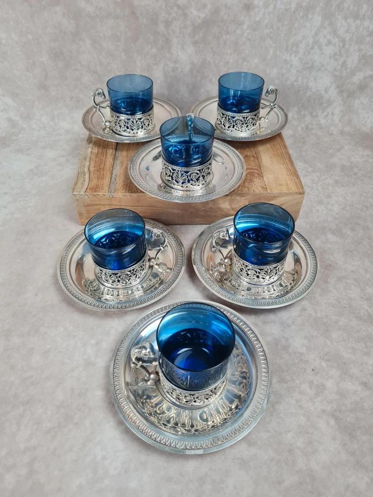🌿 Service 6 tasses à thé verre bleu cobalt & métal argenté poinçonné 🌿