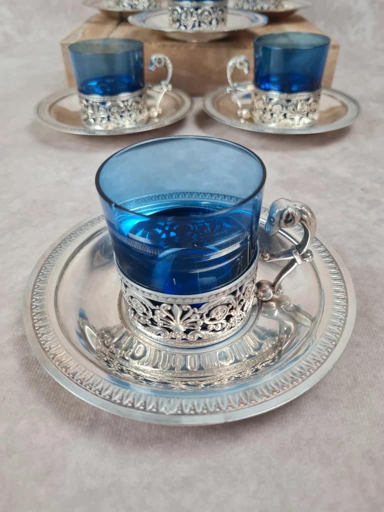 🌿 Service 6 tasses à thé verre bleu cobalt & métal argenté poinçonné 🌿