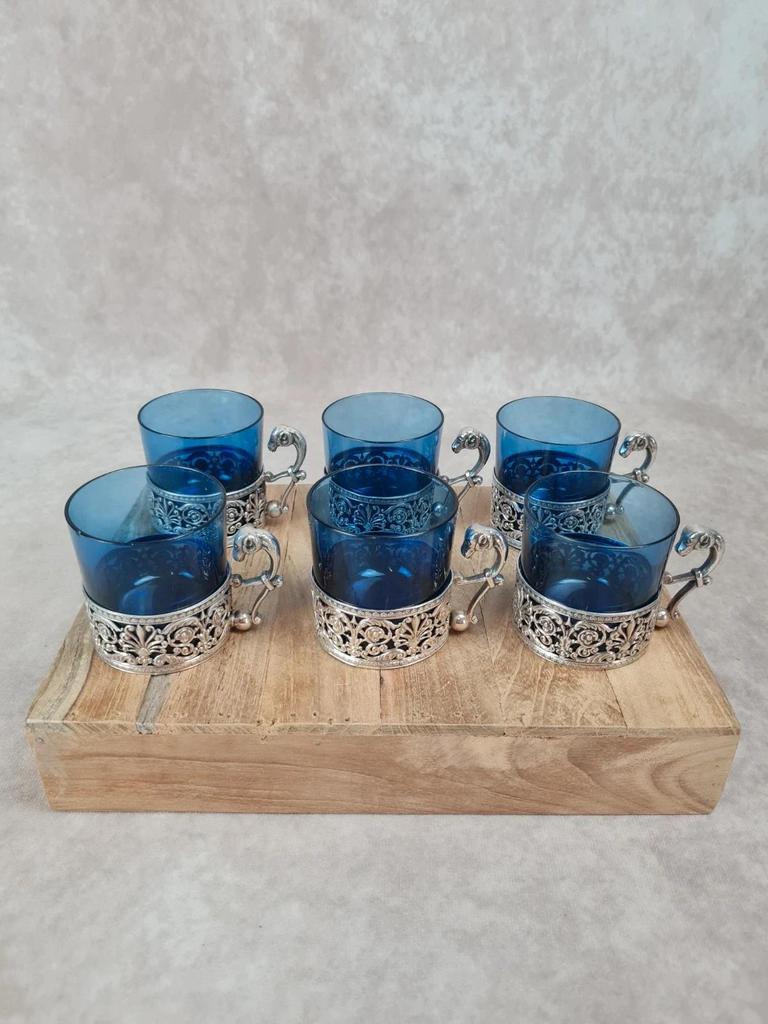 🌿 Service 6 tasses à thé verre bleu cobalt & métal argenté poinçonné 🌿