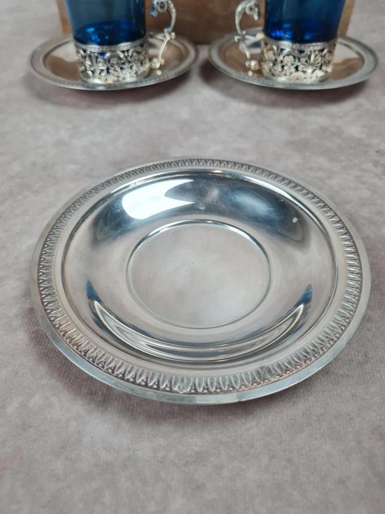 🌿 Service 6 tasses à thé verre bleu cobalt & métal argenté poinçonné 🌿