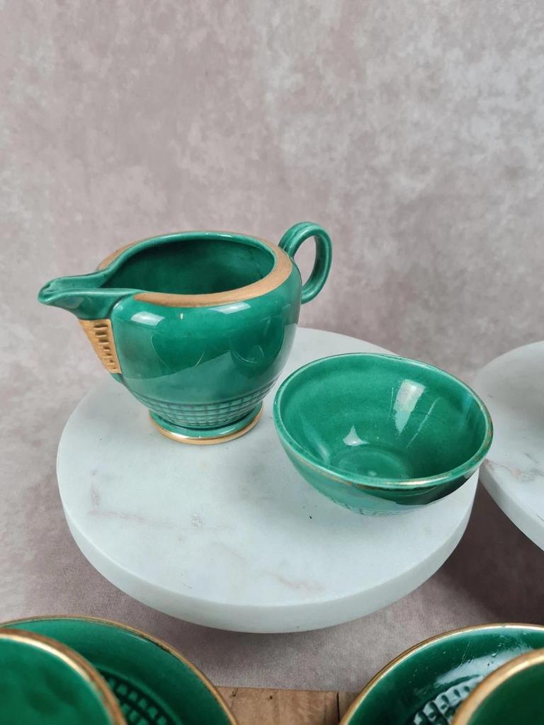Service à café / thé Saint - clément modèle 4044 vert émaillé doré – Art déco
