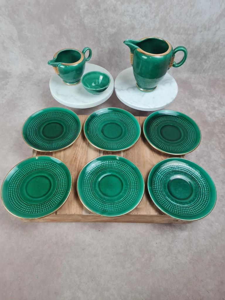 Service à café / thé Saint - clément modèle 4044 vert émaillé doré – Art déco