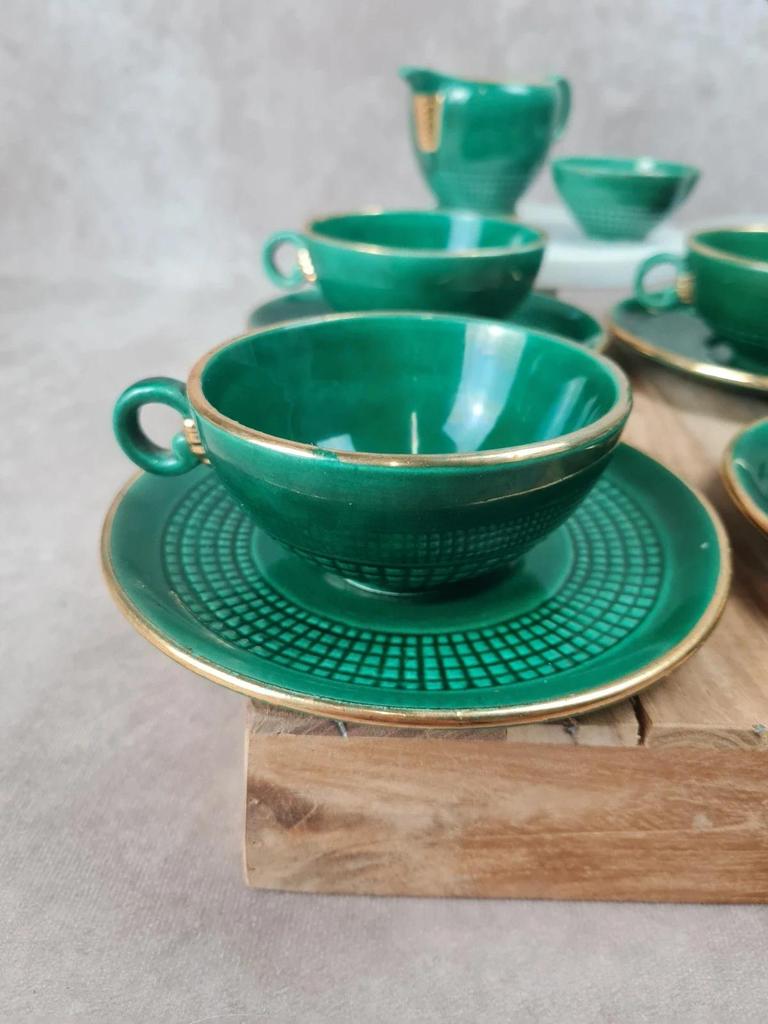 Service à café / thé Saint - clément modèle 4044 vert émaillé doré – Art déco