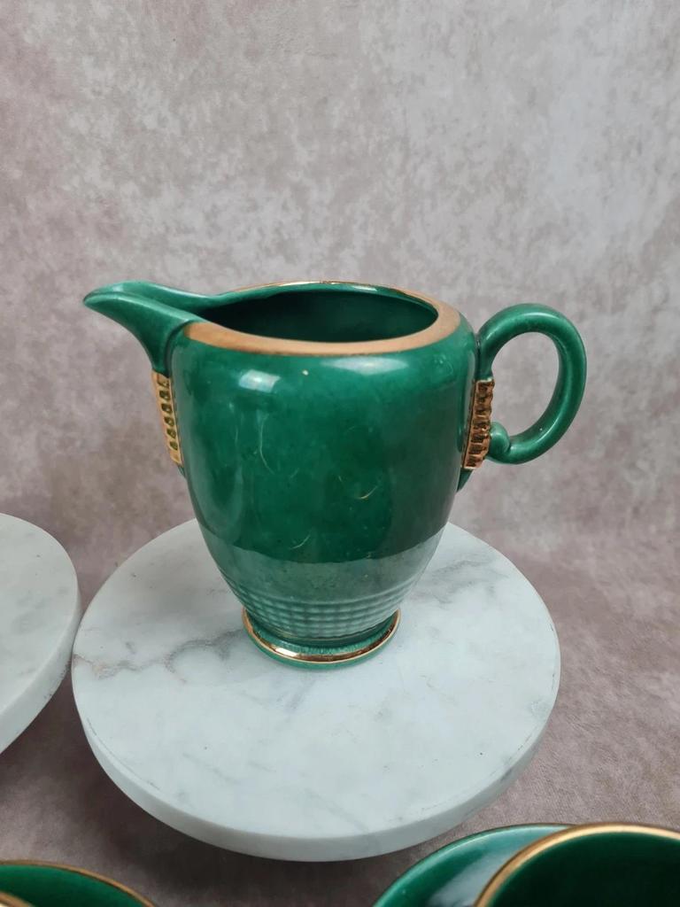 Service à café / thé Saint - clément modèle 4044 vert émaillé doré – Art déco