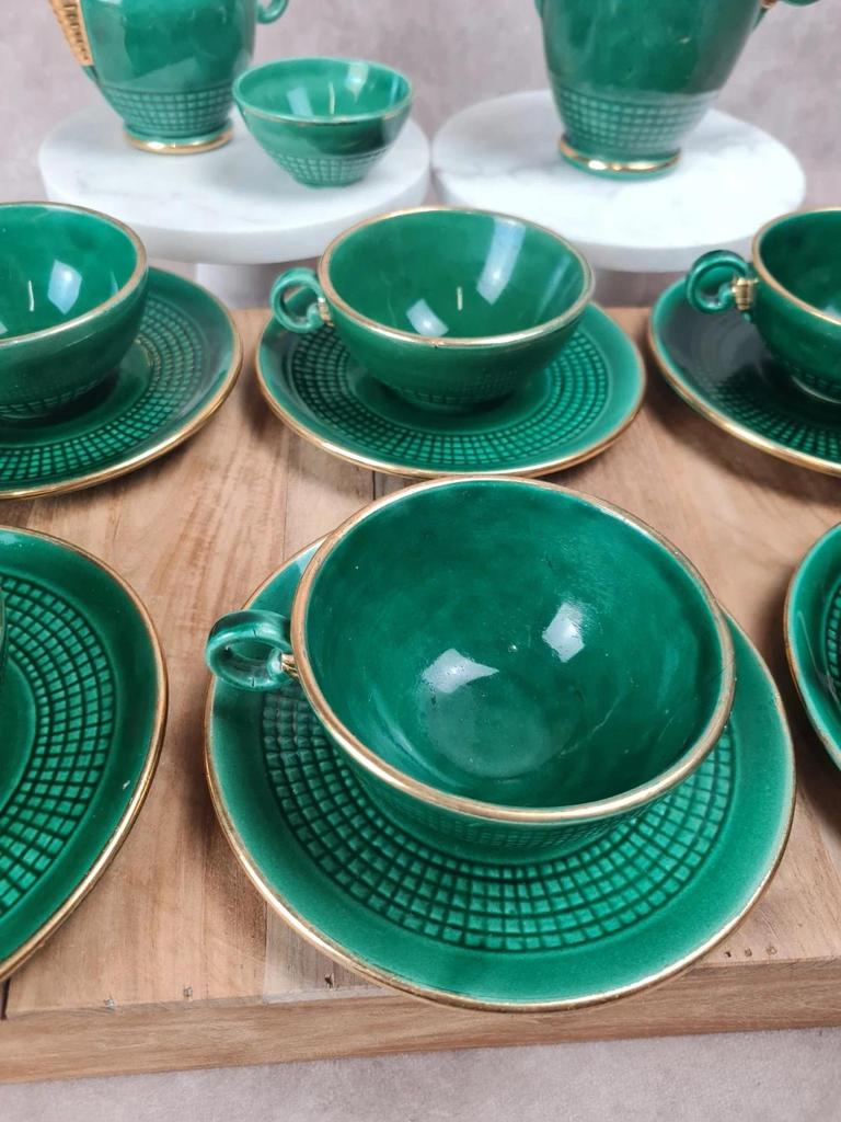 Service à café / thé Saint - clément modèle 4044 vert émaillé doré – Art déco