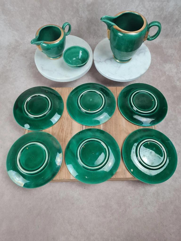 Service à café / thé Saint - clément modèle 4044 vert émaillé doré – Art déco