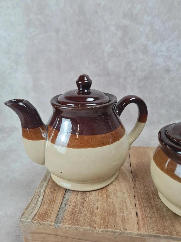 Service thé vintage en grès bicolore – théière + pot à sucre 🍵