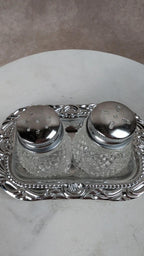 Set vintage salière & poivrière sur plateau argenté
