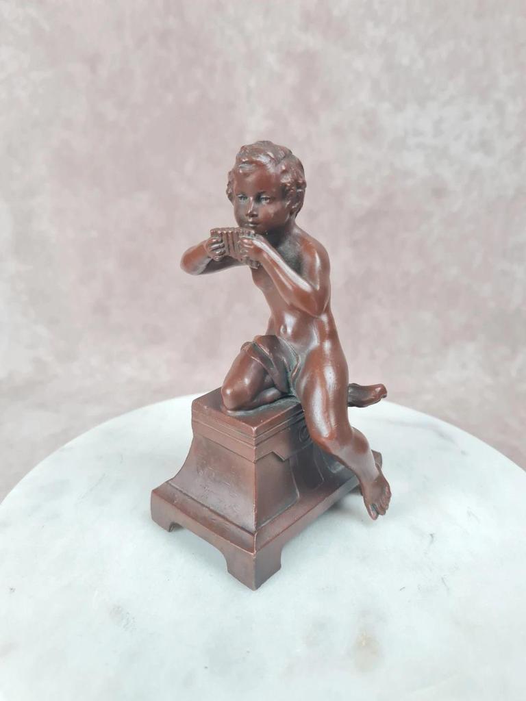 Statuette ancienne faune joueur de flûte de Pan 🗿 déco bronze Xixe