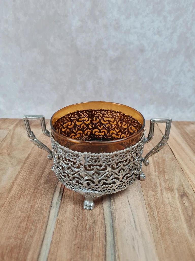 🧡 Sucrier ou photophore vintage en verre ambré et monture ajourée argentée