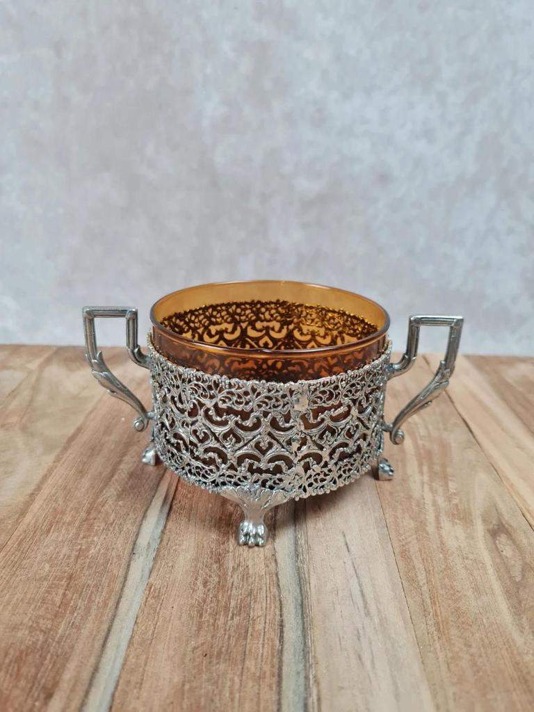 🧡 Sucrier ou photophore vintage en verre ambré et monture ajourée argentée