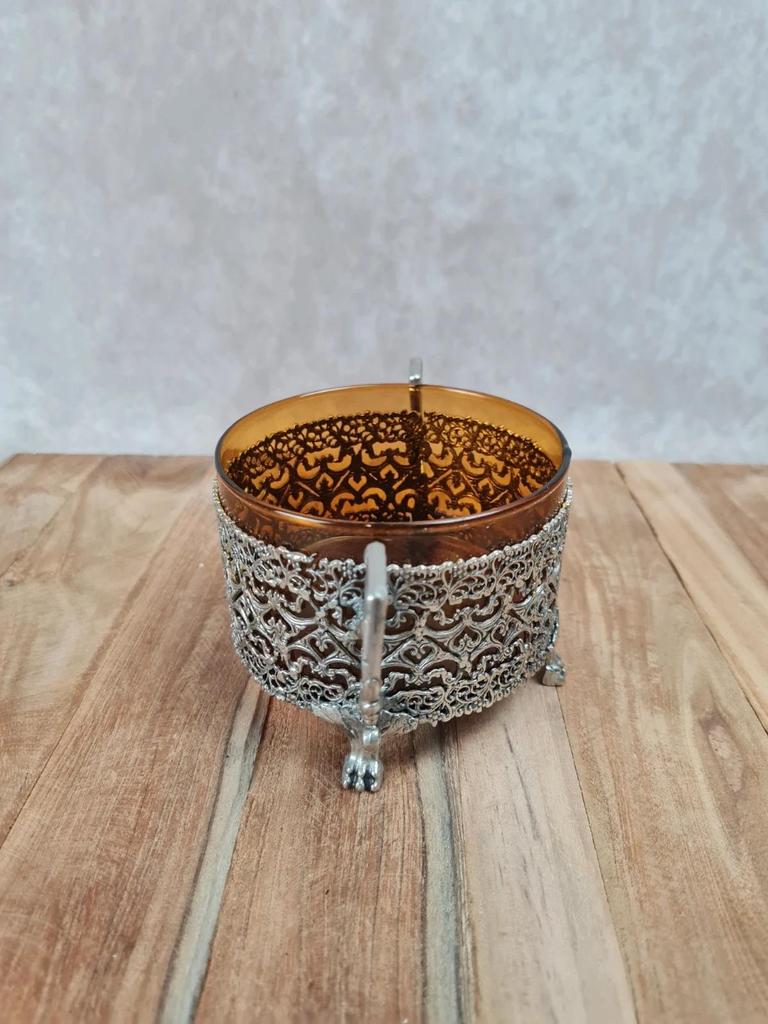 🧡 Sucrier ou photophore vintage en verre ambré et monture ajourée argentée