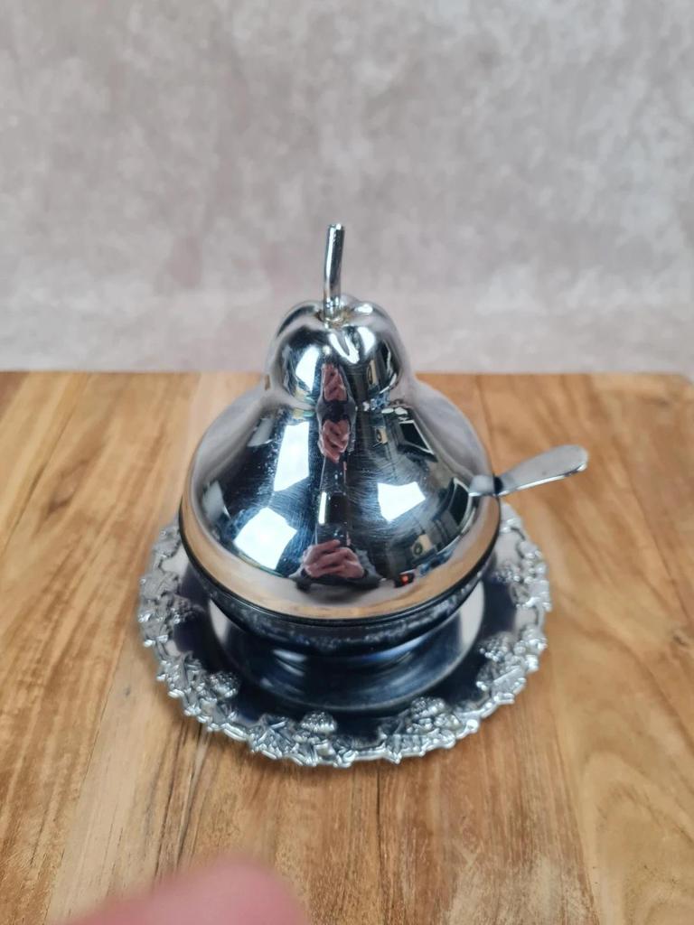 Sucrier vintage cobalt & métal chromé – forme poire