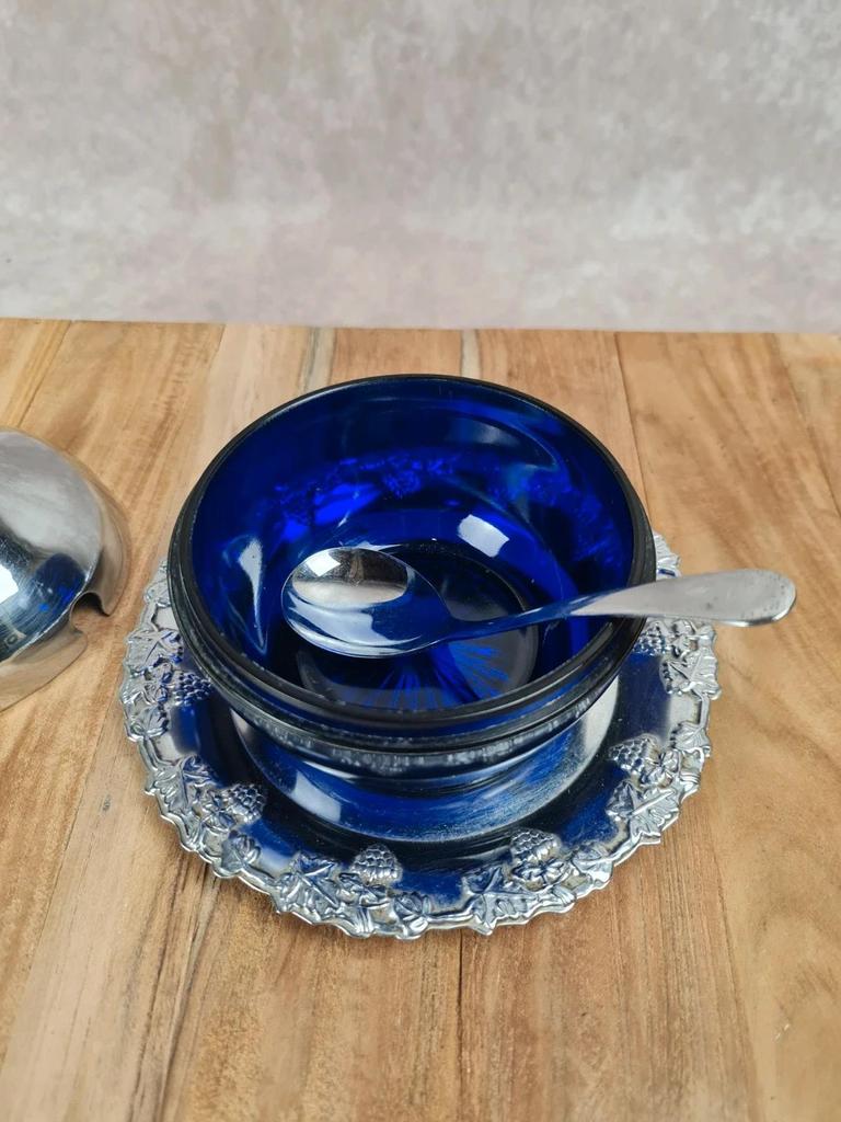 Sucrier vintage cobalt & métal chromé – forme poire