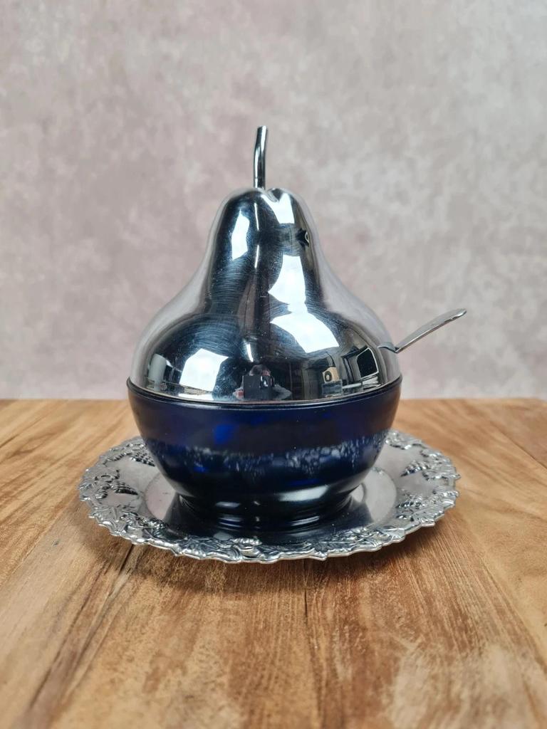 Sucrier vintage cobalt & métal chromé – forme poire