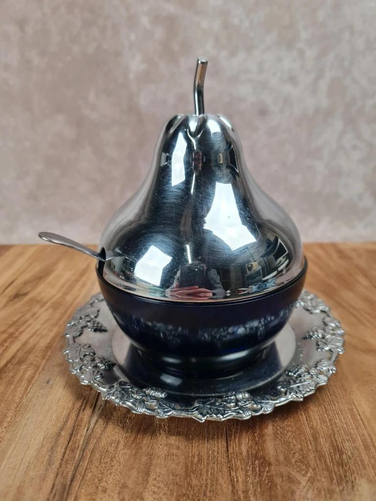 Sucrier vintage cobalt & métal chromé – forme poire