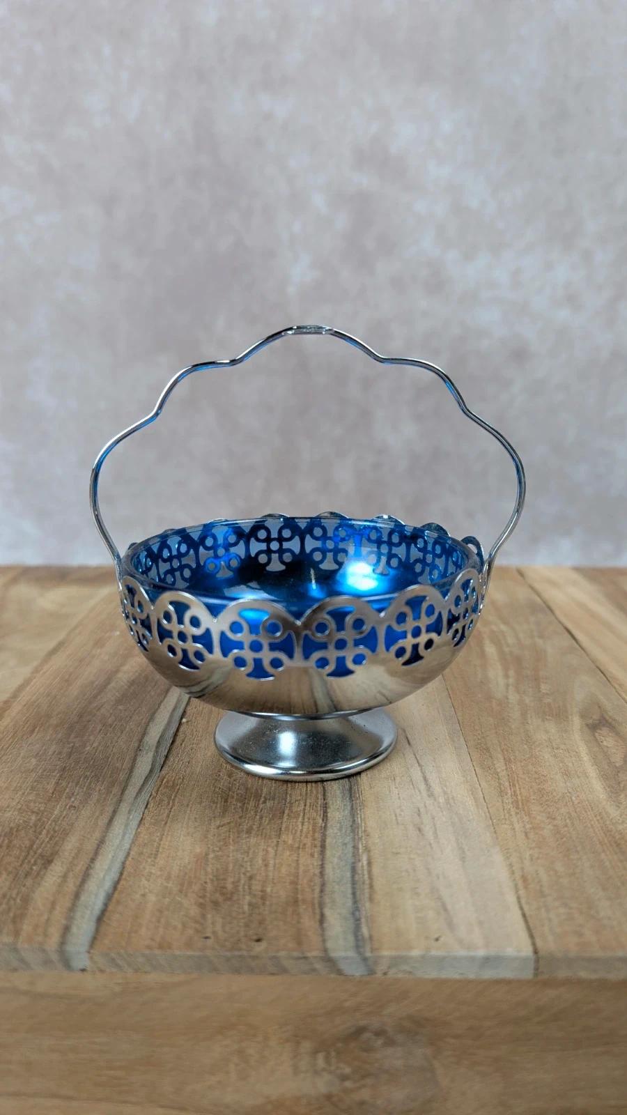 Sucrier vintage en métal argenté & verre bleu cobalt