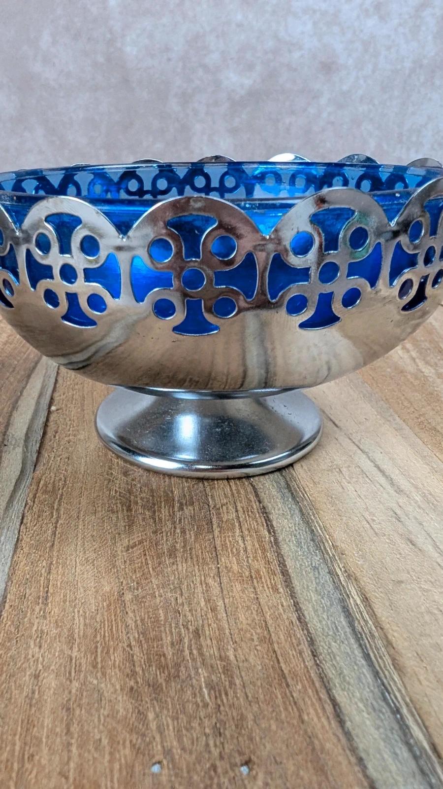 Sucrier vintage en métal argenté & verre bleu cobalt