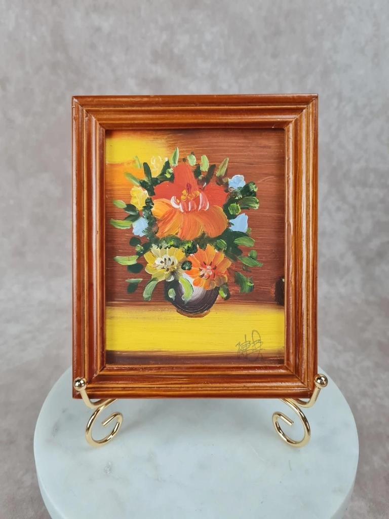 Tableau signé Chen Lee – Peinture florale avec cadre bois