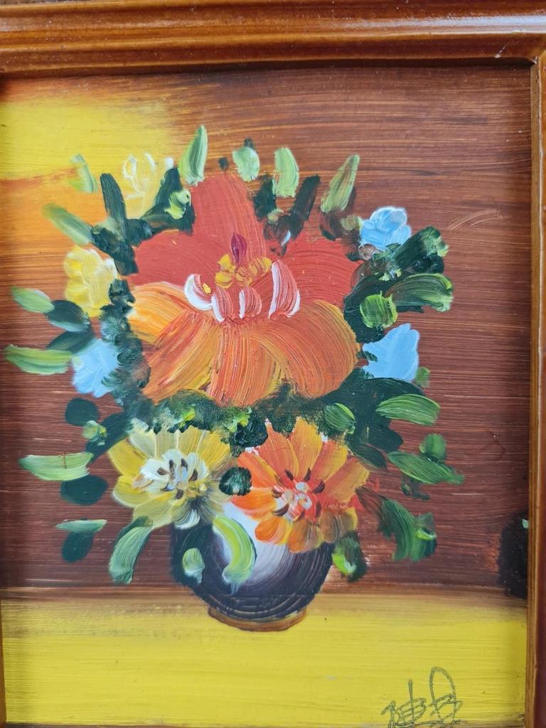 Tableau signé Chen Lee – Peinture florale avec cadre bois