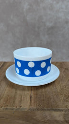 Tasse vintage Arcopal à pois bleus + soucoupe