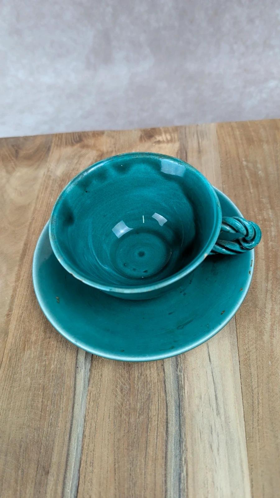 Tasse vintage en céramique verte Salins avec soucoupe