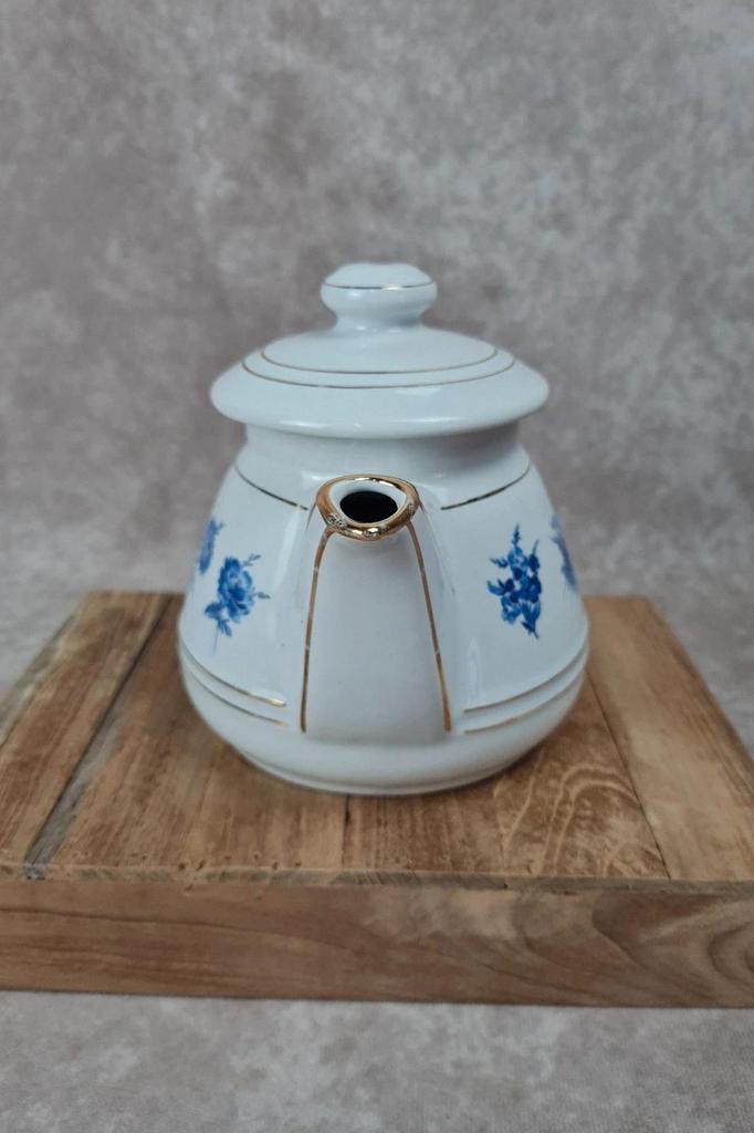 Théière ancienne Domar 🇫🇷 porcelaine fleurs bleues & dorures – déco vintage