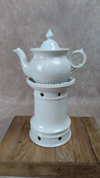 Tisanière ancienne en porcelaine blanche – service à infusion avec réchaud
