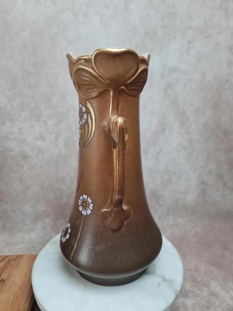 Trio de vases de cheminée Art Nouveau en céramique brune dorée et fleurs en relief 🌸